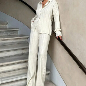Beige Casual Women's Ribbed Knitwear Cardigan & Knitwear Pants